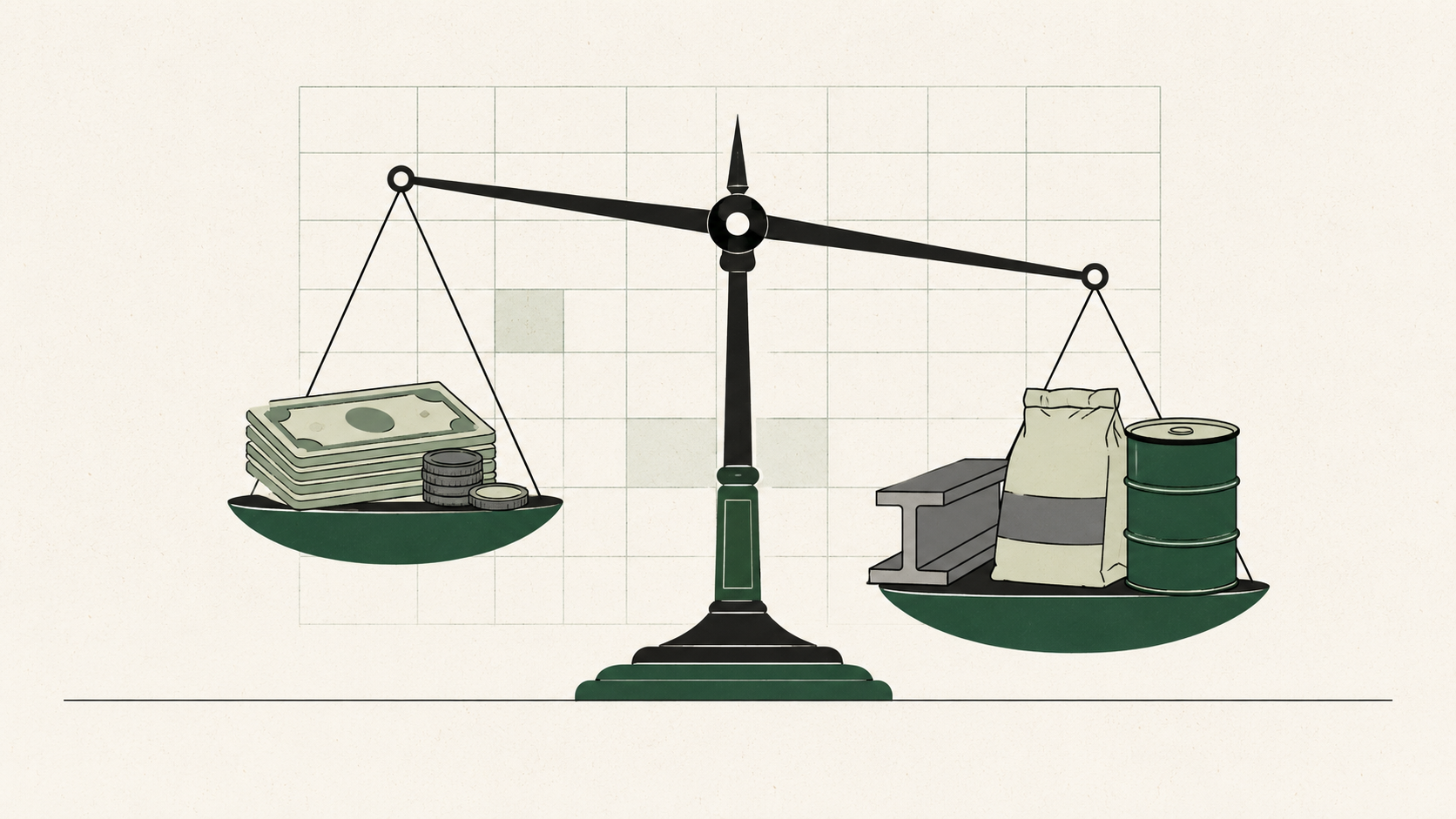 Spend-based vs activity-based emission factors: a balanced scale weighing dollar inputs against physical-unit inputs, with an EEIO matrix grid in the background