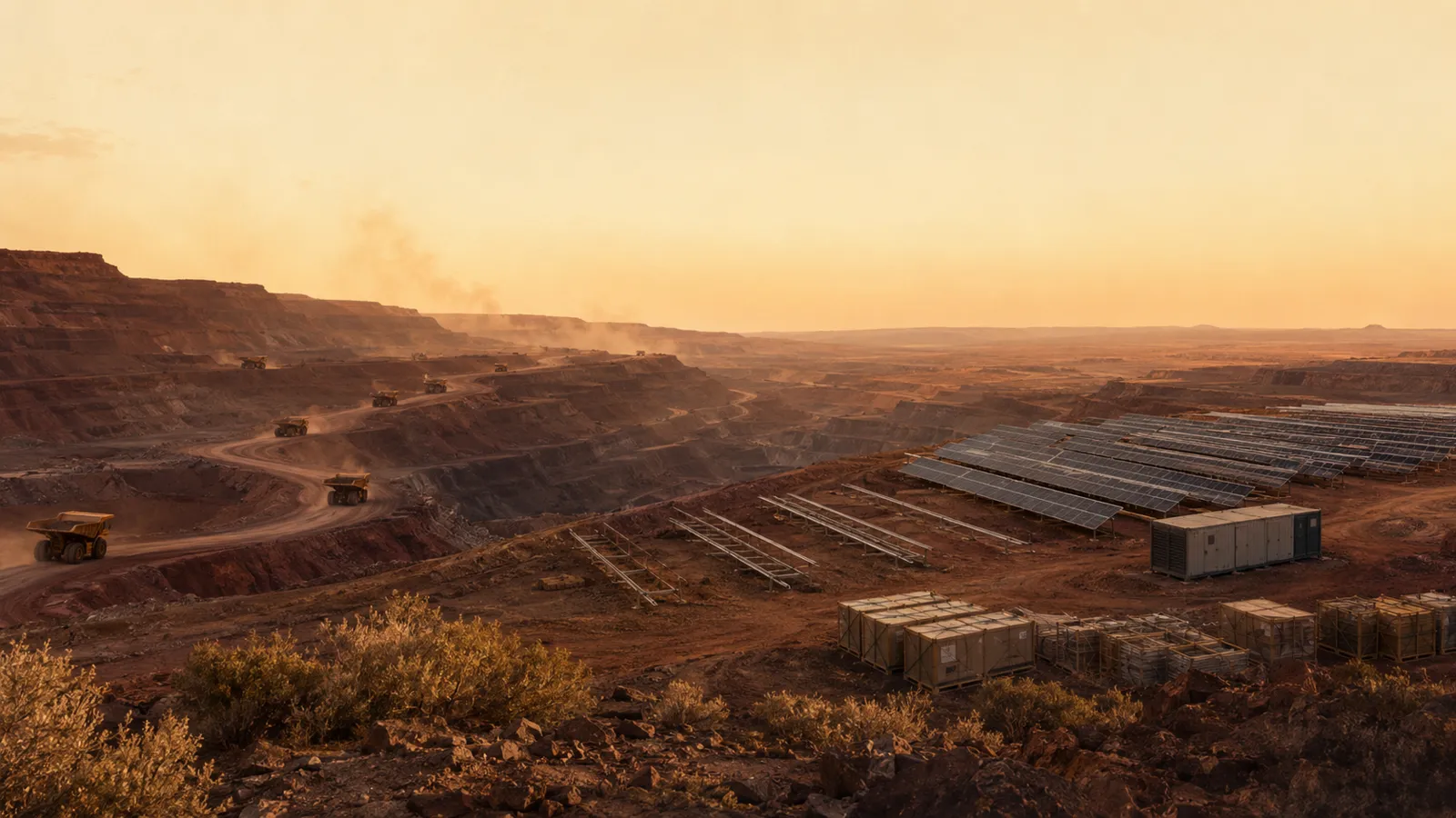 Aerial view of a Pilbara iron-ore open pit at golden hour with diesel haul trucks and a partially built, abandoned solar farm in the middle distance.