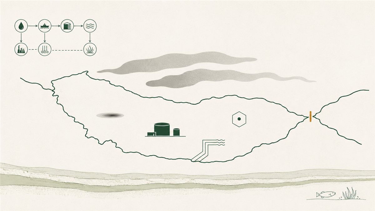 Smoke and industrial infrastructure illustrating environmental risks from a U.S.-Iran war in the Persian Gulf